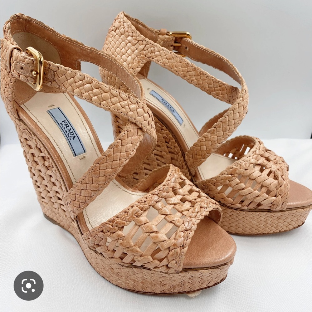 Prada Leather Braided Woven Espadrilles Neutral Brown Size 8.5